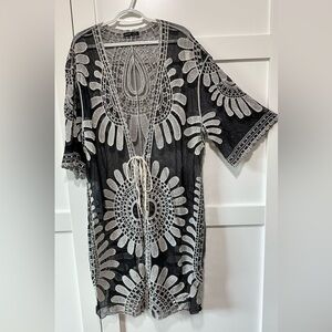 SHEIN Black & White Crochet Lace Kimono Coverup – One Size